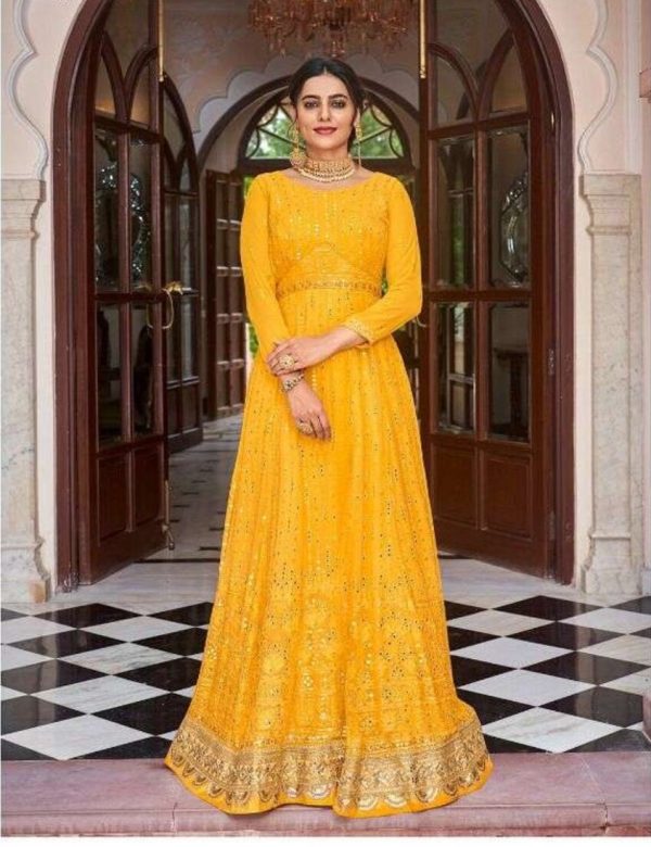 Yellow Heavy Embroidery Front & Back Sequins Work Wedding Gown 1473