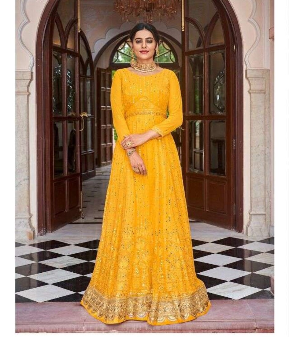 Yellow Heavy Embroidery Front & Back Sequins Work Wedding Gown 1473