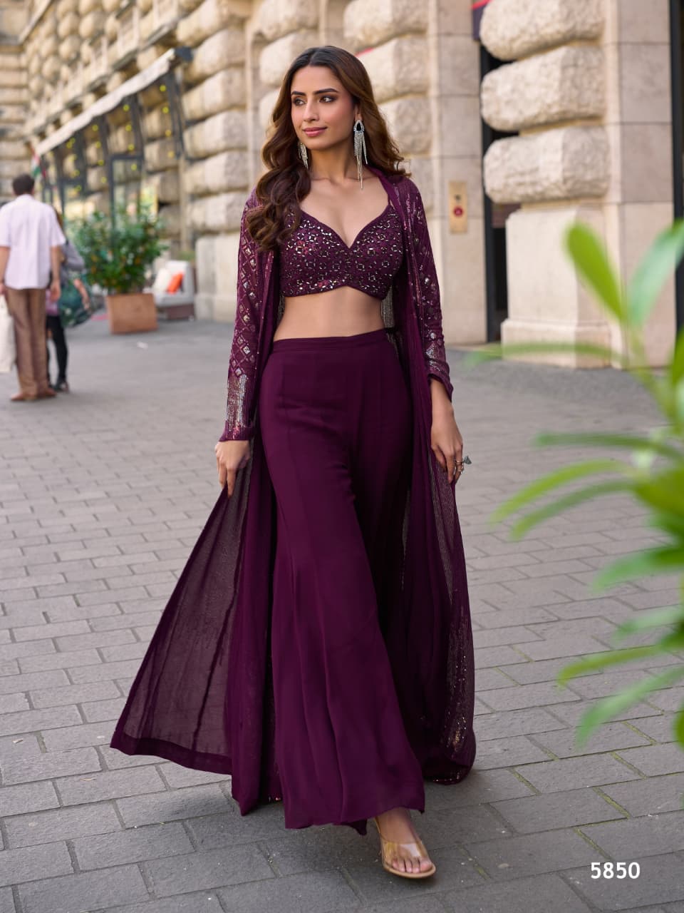 Party Wear Heavy Sequins Georgette Work Crop Top, Palazzo And Shrug 5850