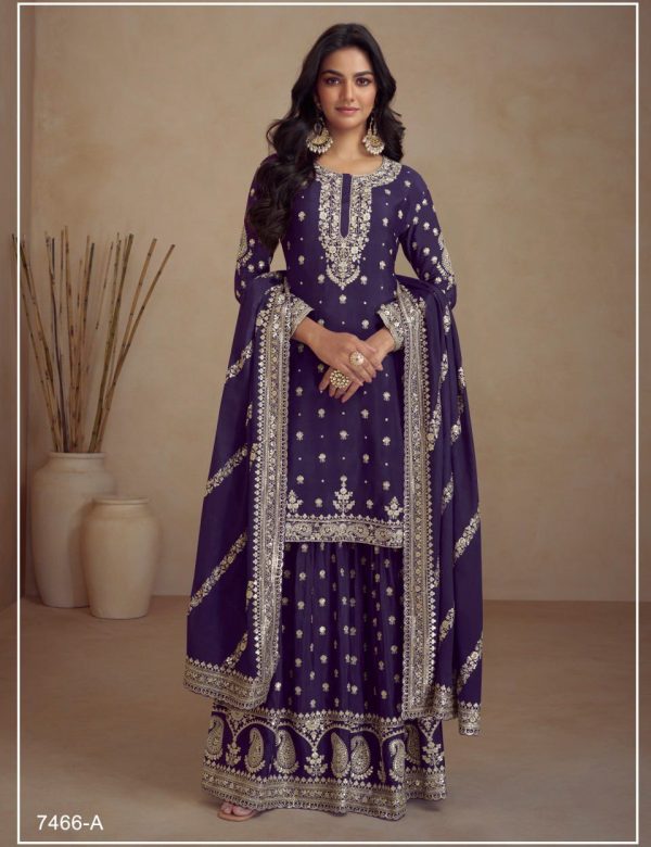 Chinon Silk Heavy Embroidered Full Stitched Suits 7466