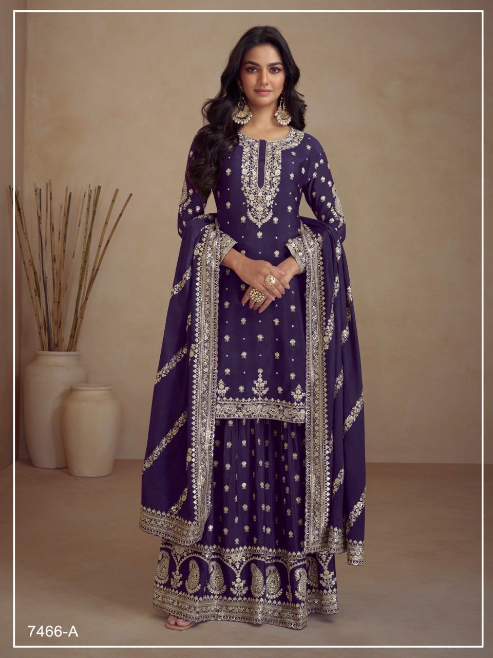 Chinon Silk Heavy Embroidered Full Stitched Suits 7466