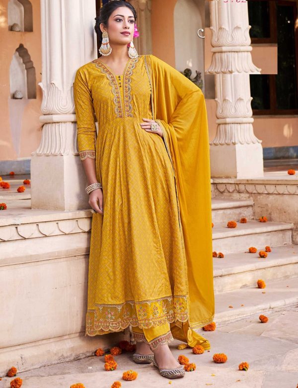 Yellow A Line Pure Cotton Heavy Emmbroidery Full Stitched Summer Suits 5102