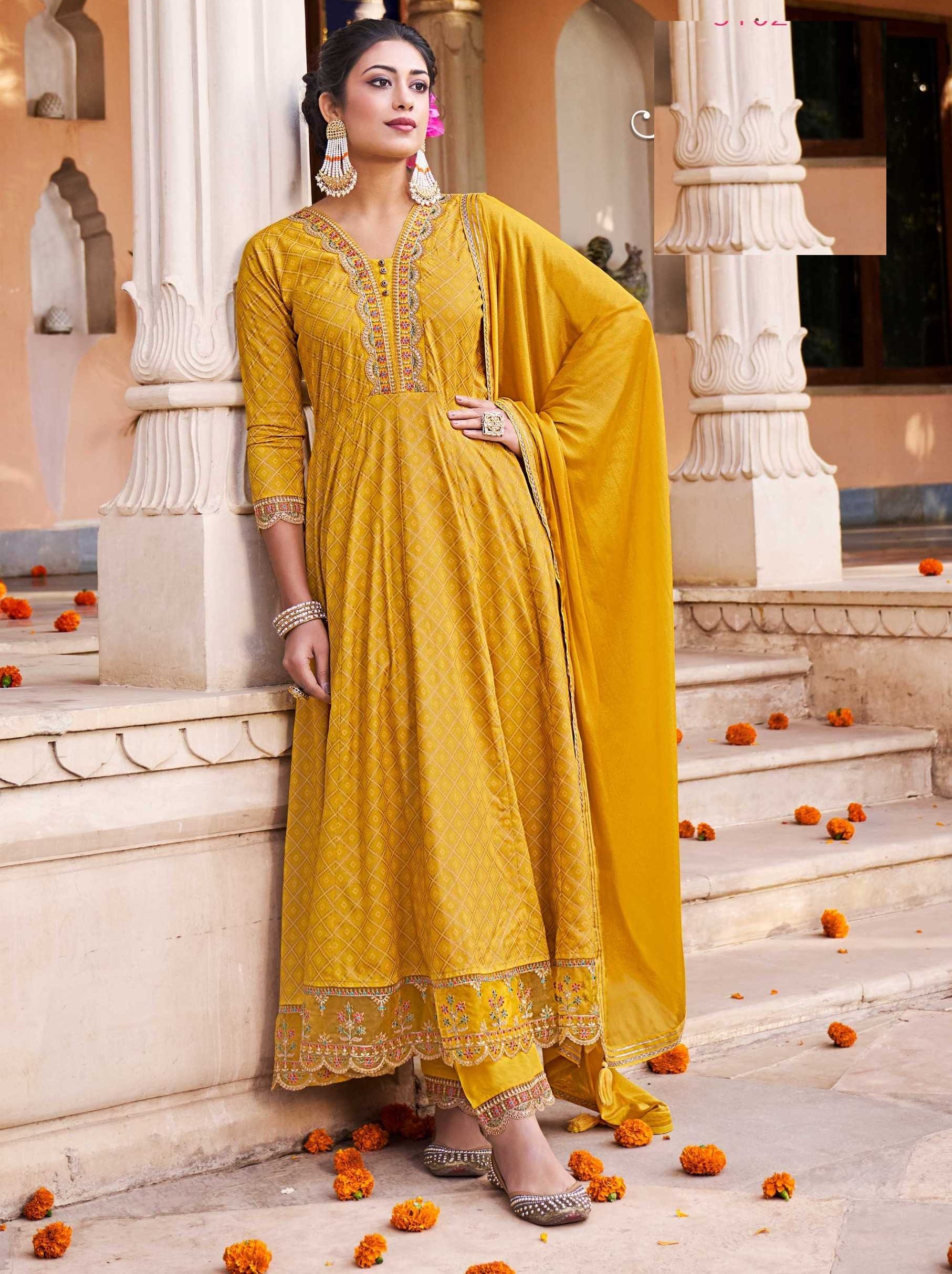 Yellow A Line Pure Cotton Heavy Emmbroidery Full Stitched Summer Suits 5102