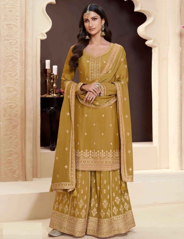 Chinon Silk Embroidered Full Stitched Wedding Palazzo Suits 72151