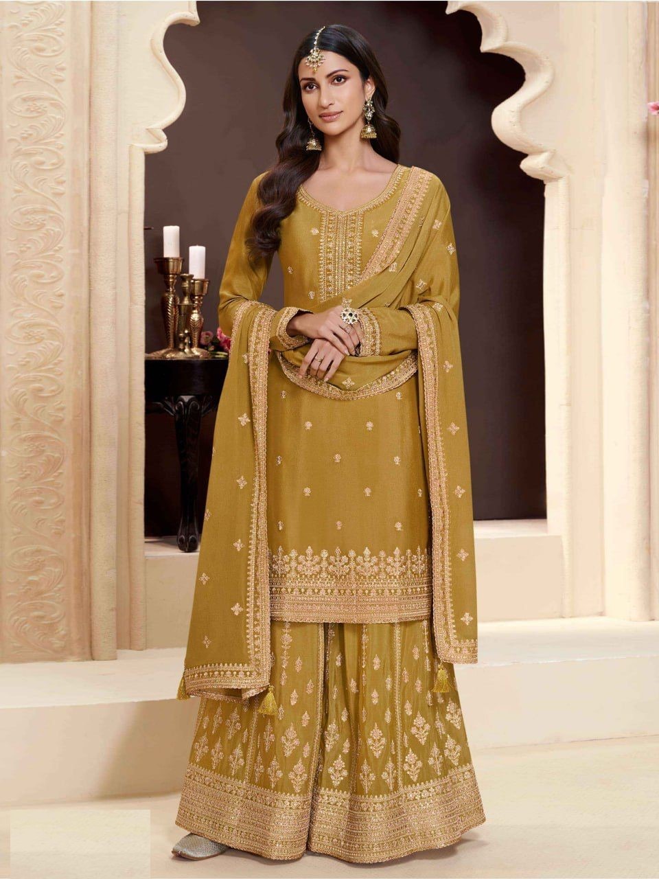 Chinon Silk Embroidered Full Stitched Wedding Palazzo Suits 72151