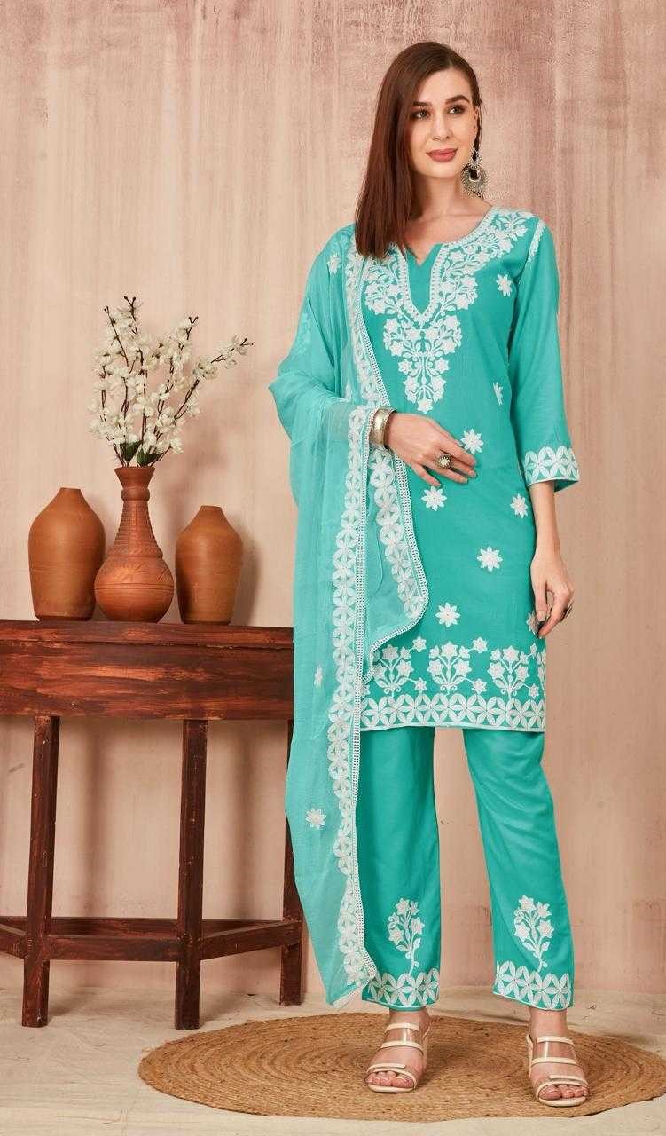 Light Blue Lucknowi Work Pant Kurti & Dupatta Set 103