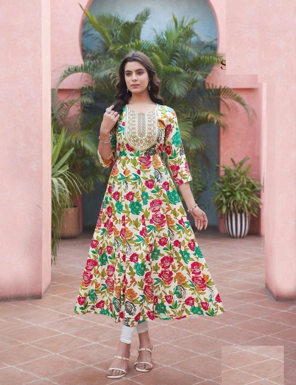 Multicolor Heavy Cotton Floral Print With Embroidery Anarkali Kurti 1001