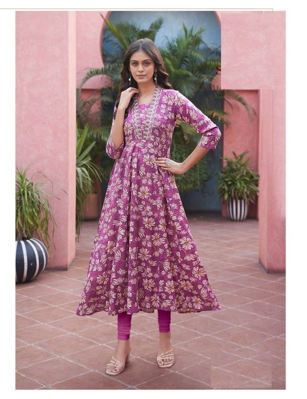 Light Purple Heavy Cotton Floral Print With Embroidery Anarkali Kurti 1003