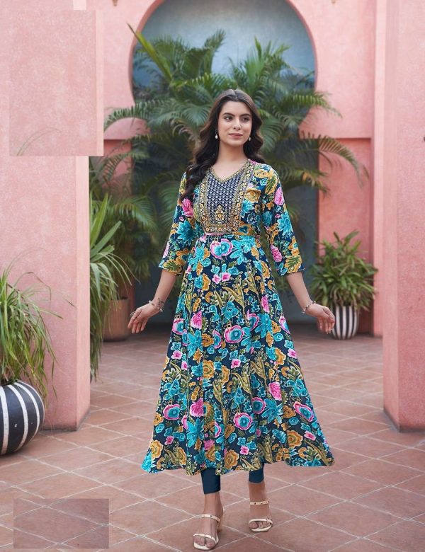Dark Blue Heavy Cotton Floral Print With Embroidery Anarkali Kurti 1004