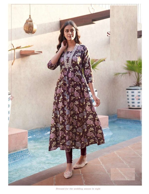 WIne Heavy Cotton Floral Print With Embroidery Anarkali Kurti 1007