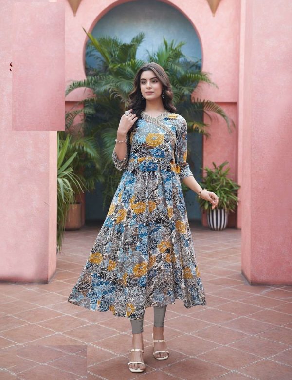 Sky Blue Heavy Cotton Floral Print With Embroidery Anarkali Kurti 1008