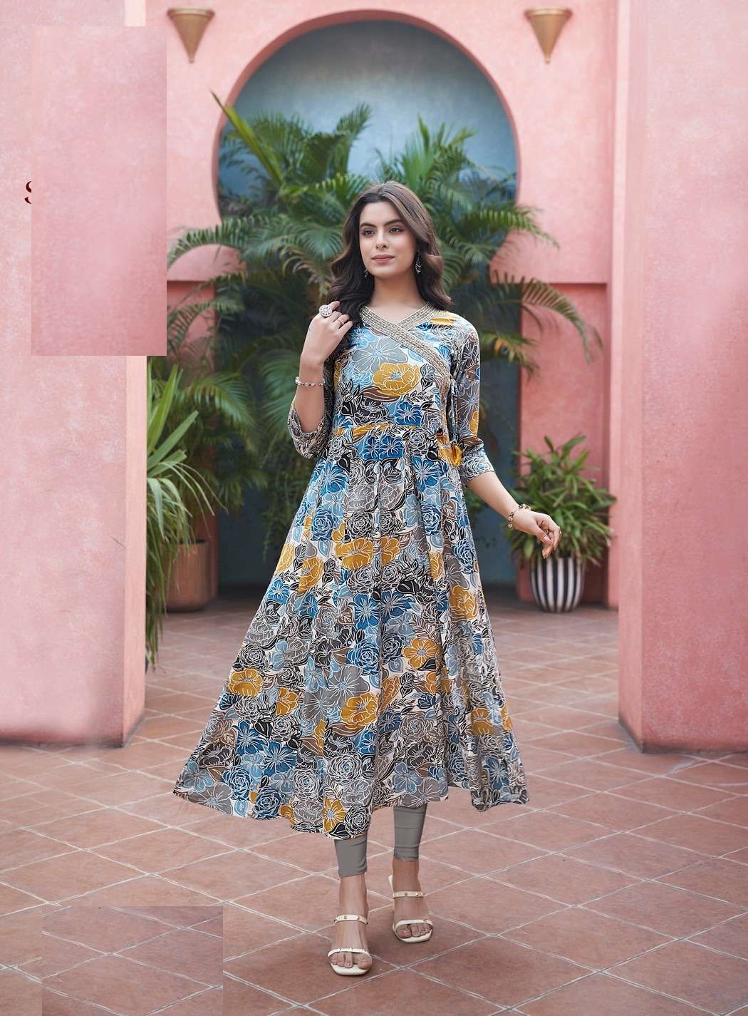 Sky Blue Heavy Cotton Floral Print With Embroidery Anarkali Kurti 1008