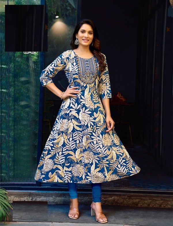 Light Blue Heavy Cotton Floral Print With Embroidery Anarkali Kurti 2002