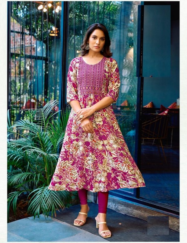 Magenta Heavy Cotton Floral Print With Embroidery Anarkali Kurti 2003