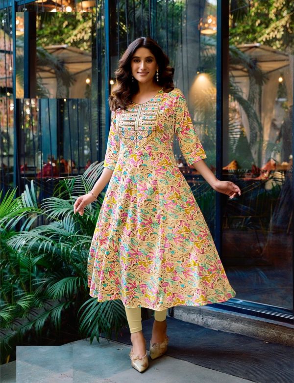 Light Yellow Heavy Cotton Floral Print With Embroidery Anarkali Kurti 2004