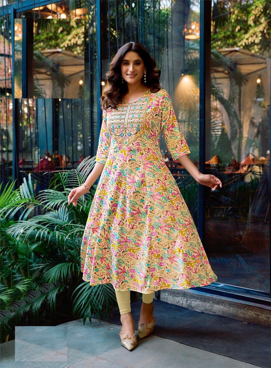 Light Yellow Heavy Cotton Floral Print With Embroidery Anarkali Kurti 2004