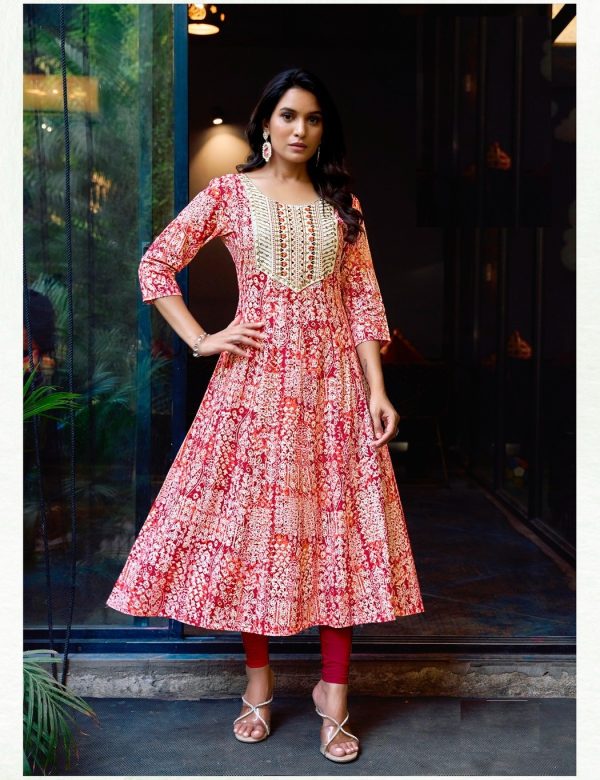 Tomato Red Heavy Cotton Floral Print With Embroidery Anarkali Kurti 2005