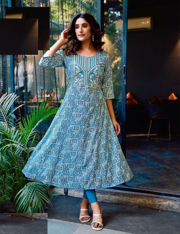 Sky Blue Heavy Cotton Floral Print With Embroidery Anarkali Kurti 2006