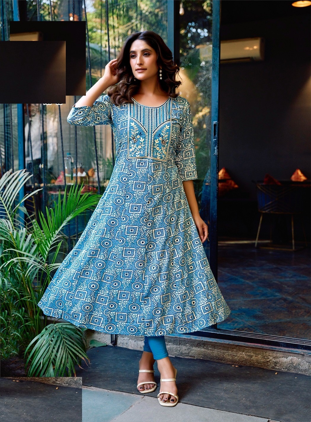 Sky Blue Heavy Cotton Floral Print With Embroidery Anarkali Kurti 2006