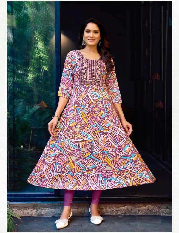 Baby Pink Heavy Cotton Floral Print With Embroidery Anarkali Kurti 2007