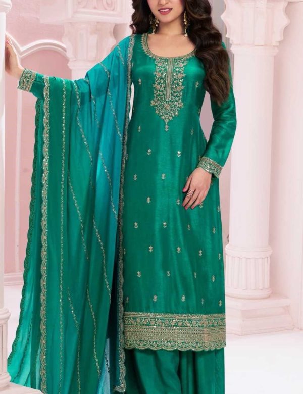 Sea Green Georgette Silk Embroidery Plus Size Full Stitched Suits 69452