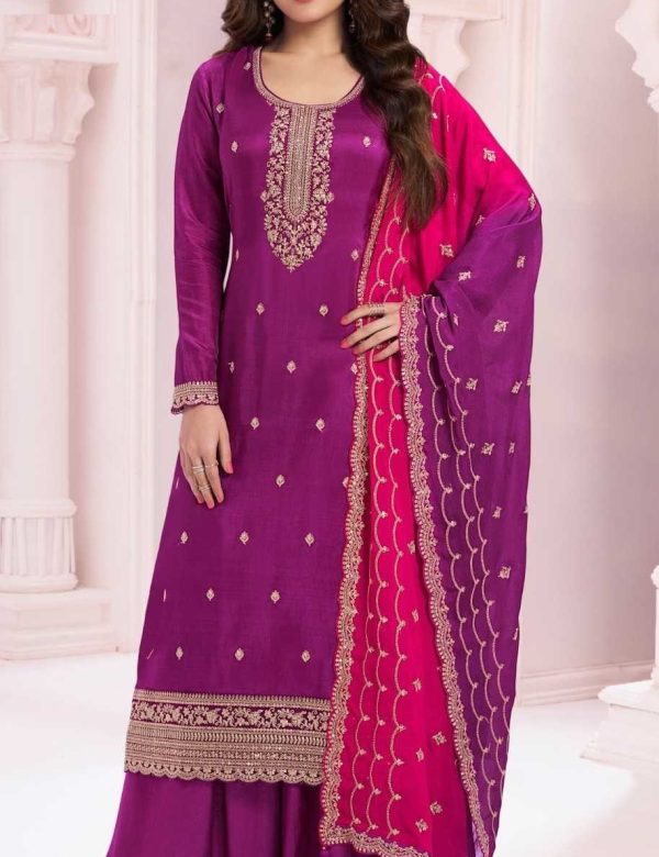 Purple Georgette Silk Embroidery Plus Size Full Stitched Suits 69453
