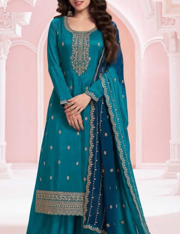 Peacock Blue Georgette Silk Embroidery Plus Size Full Stitched Suits 69454
