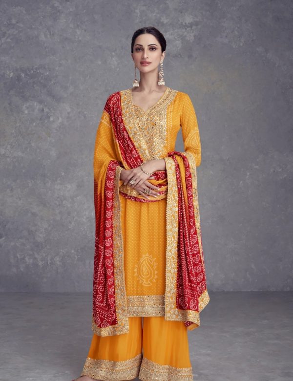 Heavy Chinon Silk Bandhani Print With Real Gota Work Palazzo Suits 7429