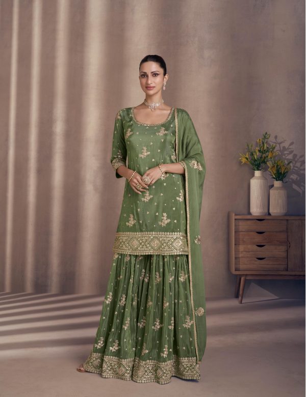 Chinon Silk Green Heavy Embroidery Sharara Suits 5439