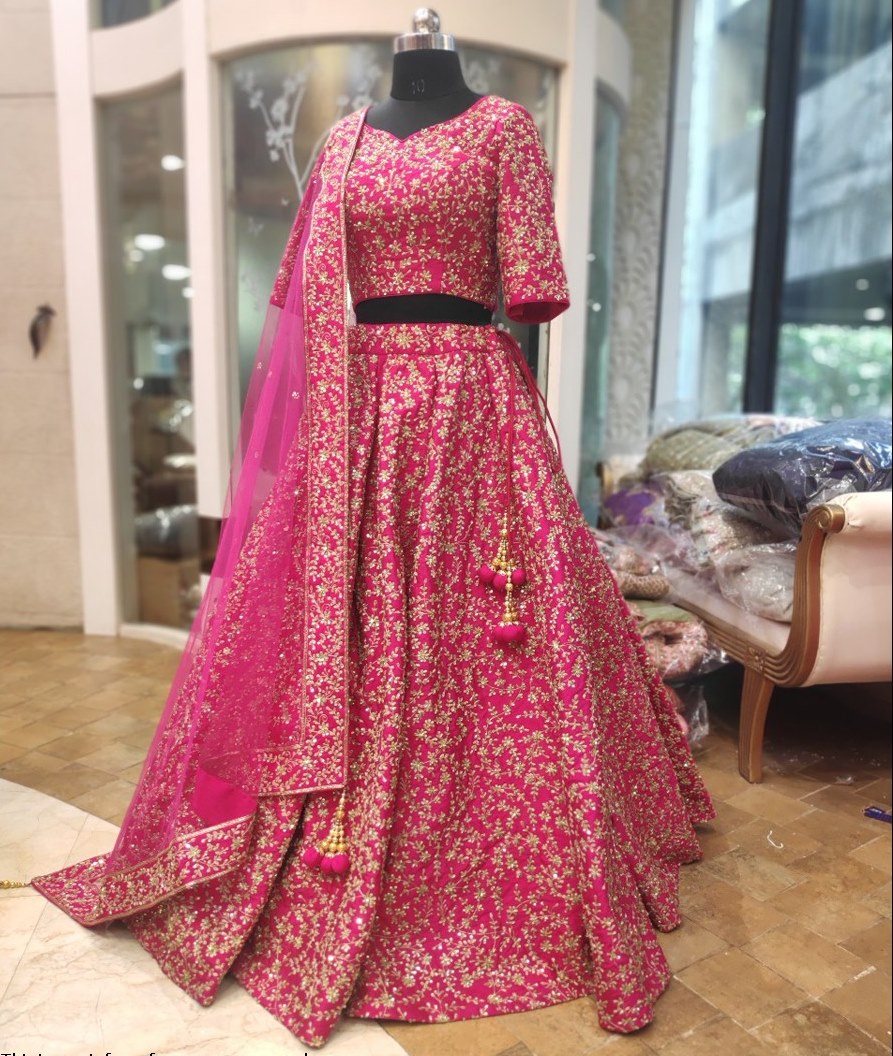 Rose Pink Heavy Silk Semi Stitched Wedding Lehenga V3-223