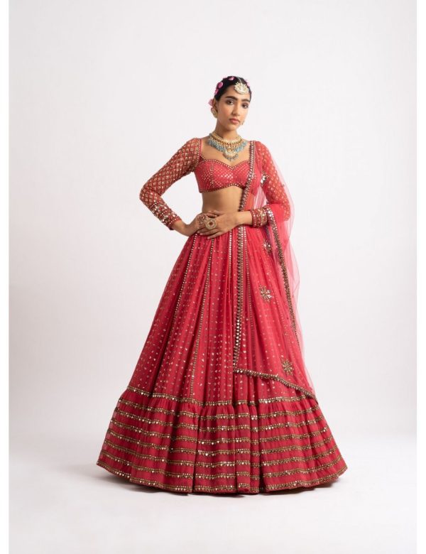 Red Heavy Sequins Work Wedding Lehenga 338B