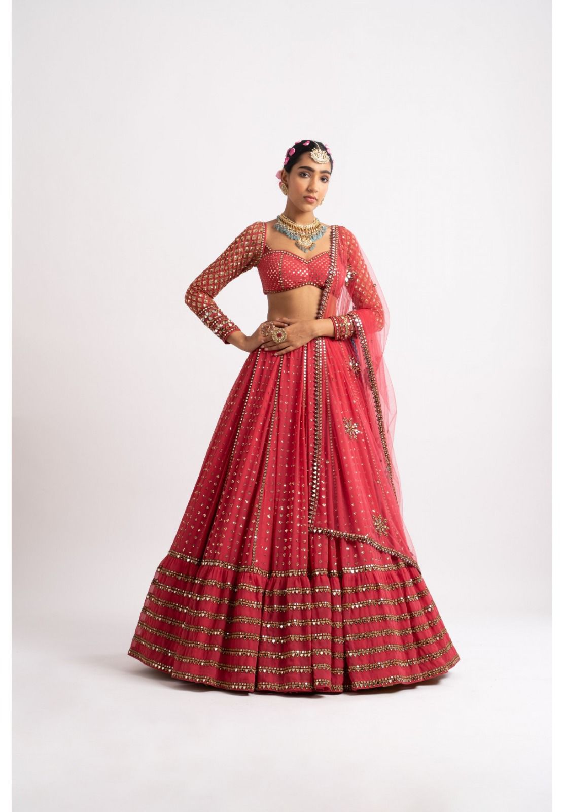Red Heavy Sequins Work Wedding Lehenga 338B