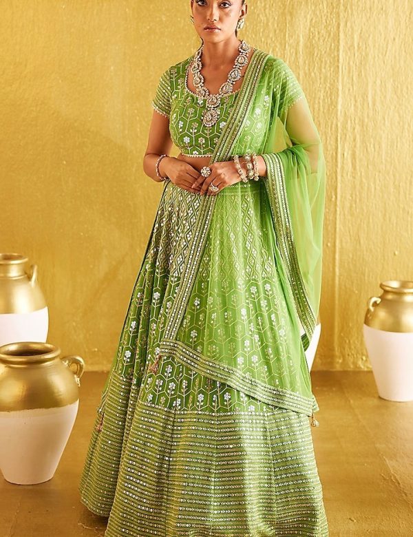 Parrot Green Heavy Banglori Silk Sequins Work Wedding Lehenga V3-353