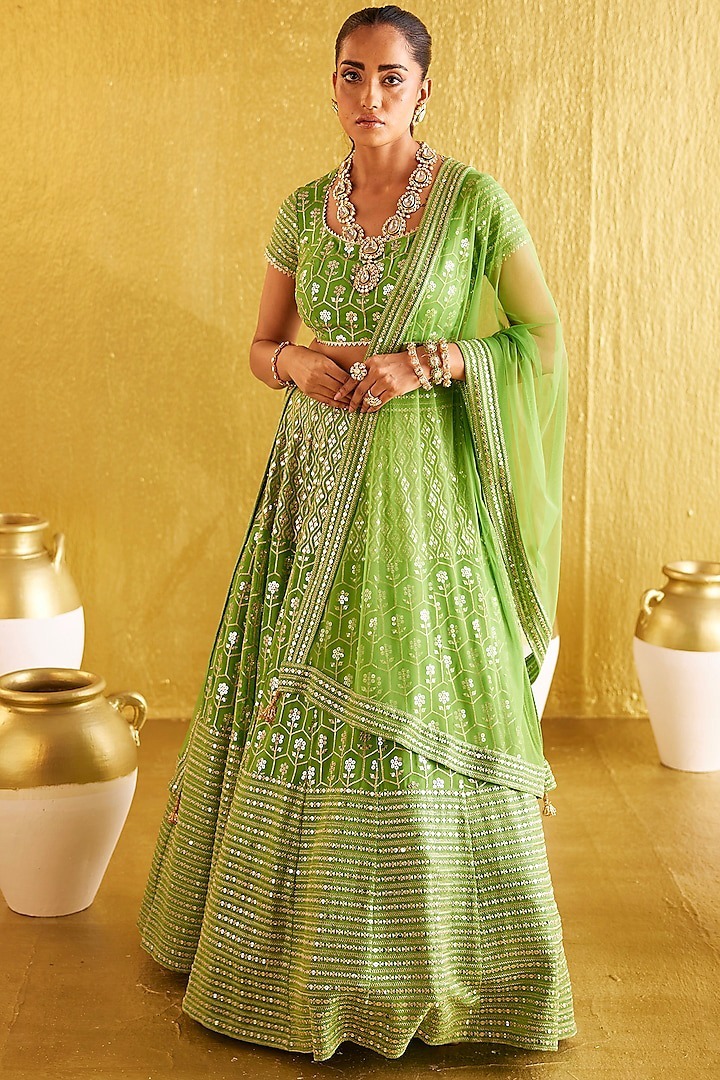 Parrot Green Heavy Banglori Silk Sequins Work Wedding Lehenga V3-353