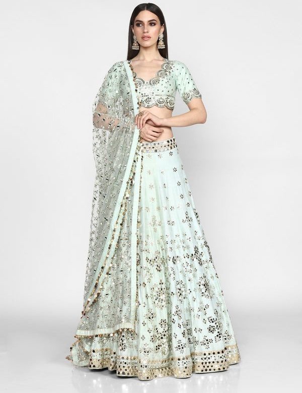 Pastel Green Heavy Banglori Silk  Mirror Work Wedding Lehenga V3-356