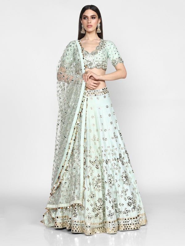 Pastel Green Heavy Banglori Silk  Mirror Work Wedding Lehenga V3-356