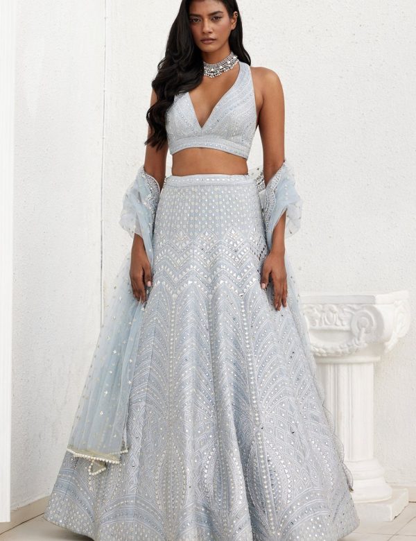 Steel Grey Heavy Banglori Silk  Mirror Work Wedding Lehenga V3-357