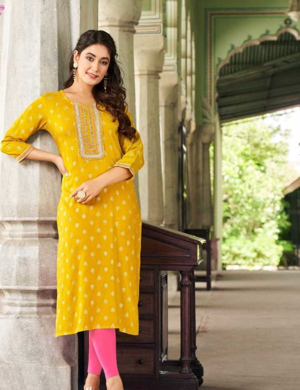 Yellow Heavy Rayon Embroidery Casual Wear Kurtis 8001
