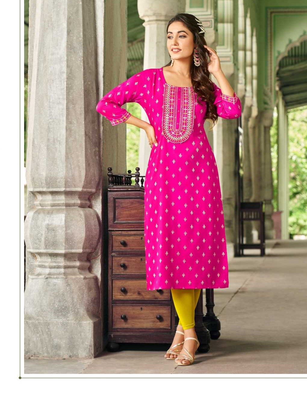 Pink Heavy Rayon Embroidery Casual Wear Kurtis 8002