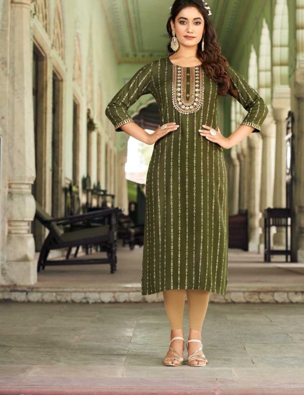 Mehndi Green Heavy Rayon Embroidery Casual Wear Kurtis 8004