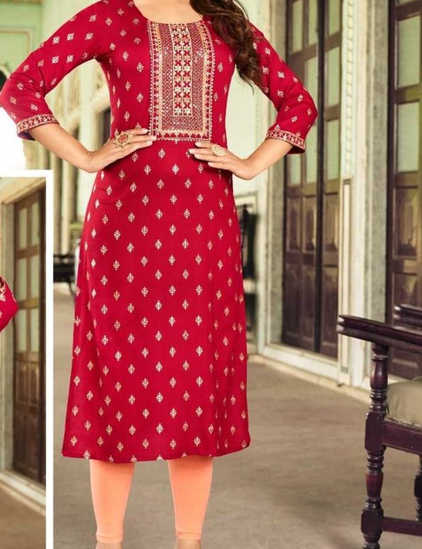 Red Heavy Rayon Embroidery Casual Wear Kurtis 8008