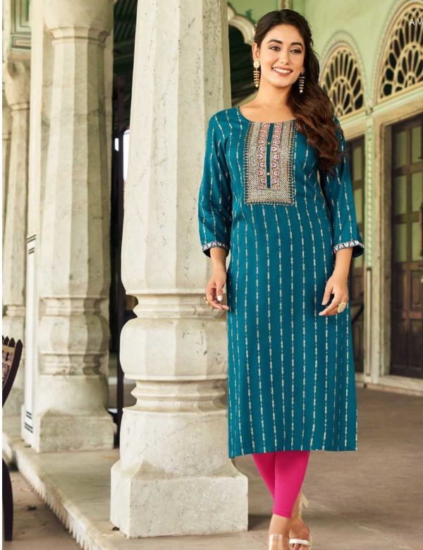 Peacock Blue Heavy Rayon Embroidery Casual Wear Kurtis 8010