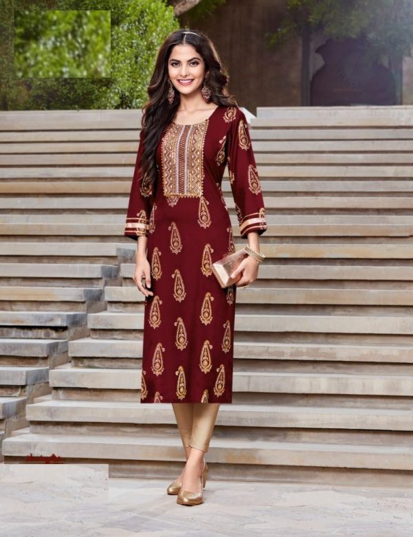 Pure Rayon Gold Print & Heavy Embroidery Straight Fit Kurti 5007