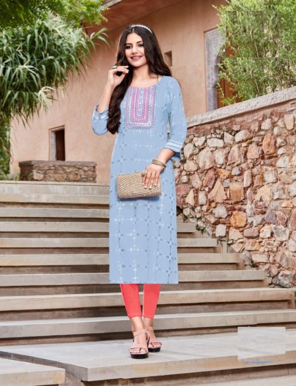Pure Rayon Gold Print & Heavy Embroidery Straight Fit Kurti 5012