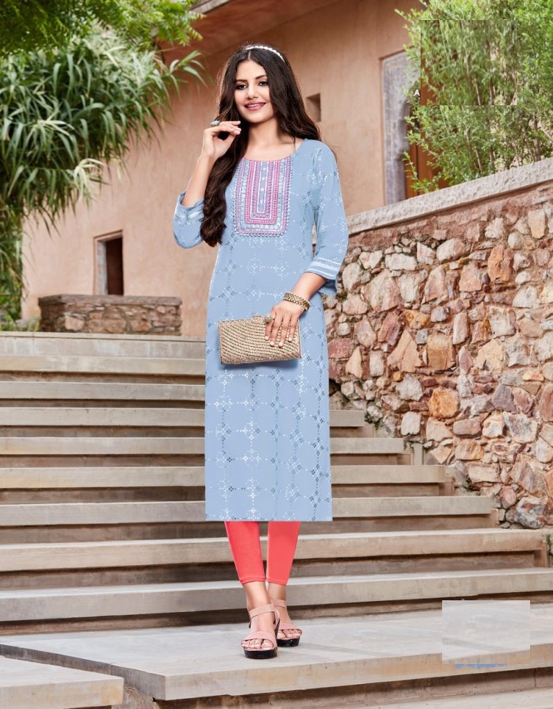 Pure Rayon Gold Print & Heavy Embroidery Straight Fit Kurti 5012