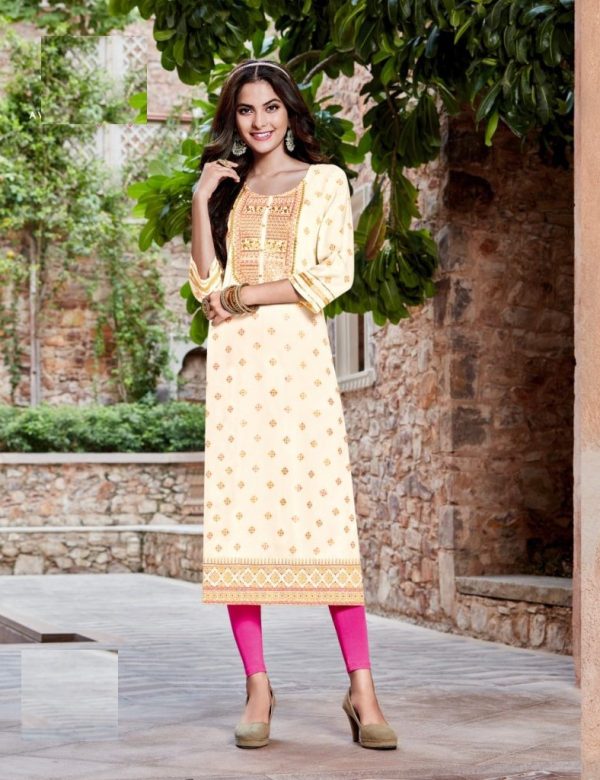 Pure Rayon Gold Print & Heavy Embroidery Straight Fit Kurti 5013