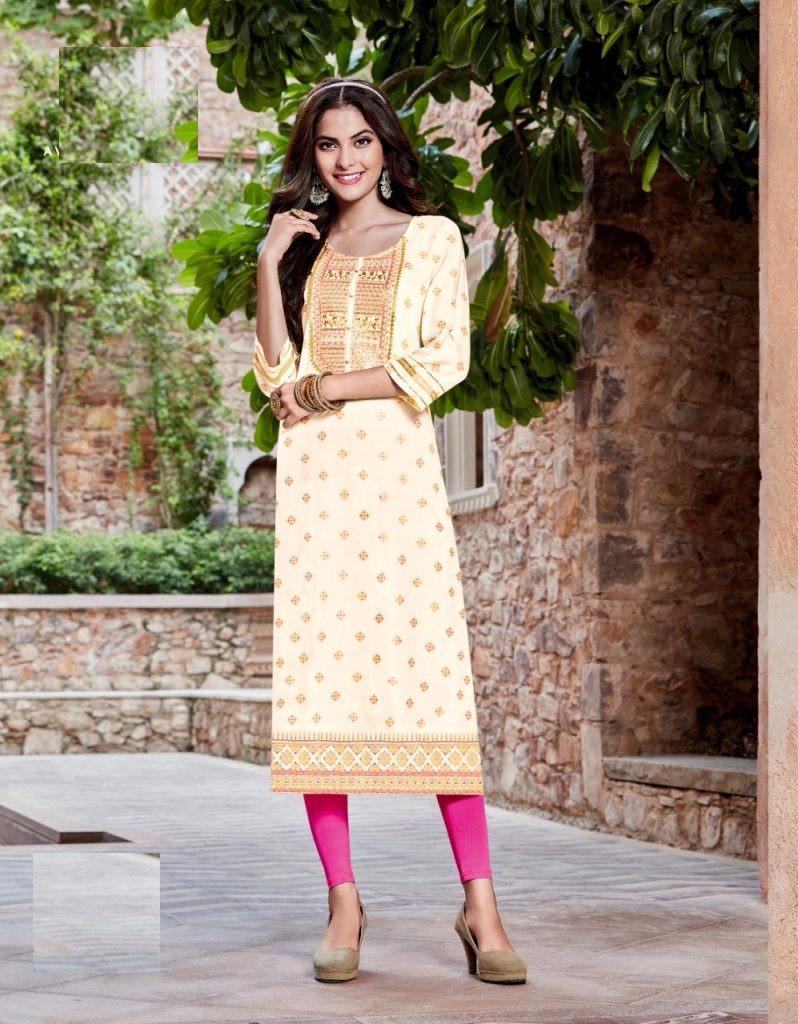 Pure Rayon Gold Print & Heavy Embroidery Straight Fit Kurti 5013