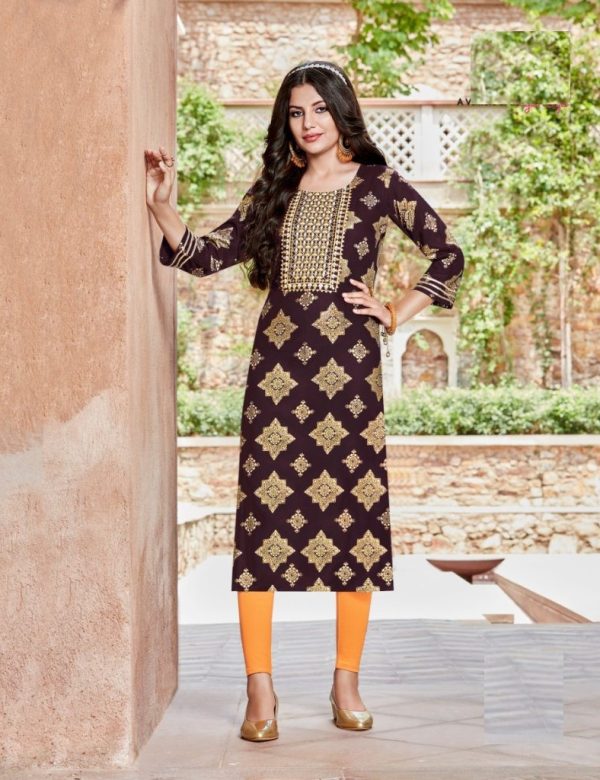 Pure Rayon Gold Print & Heavy Embroidery Straight Fit Kurti 5014