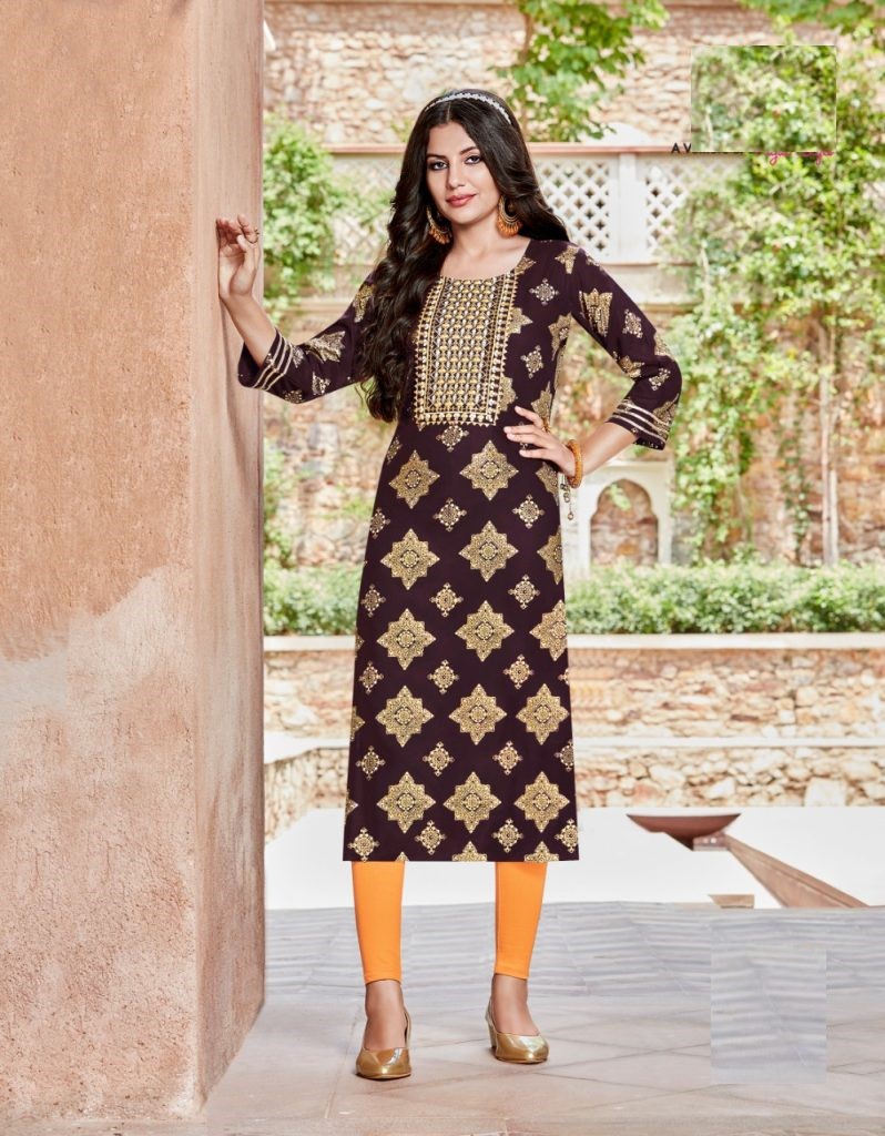 Pure Rayon Gold Print & Heavy Embroidery Straight Fit Kurti 5014