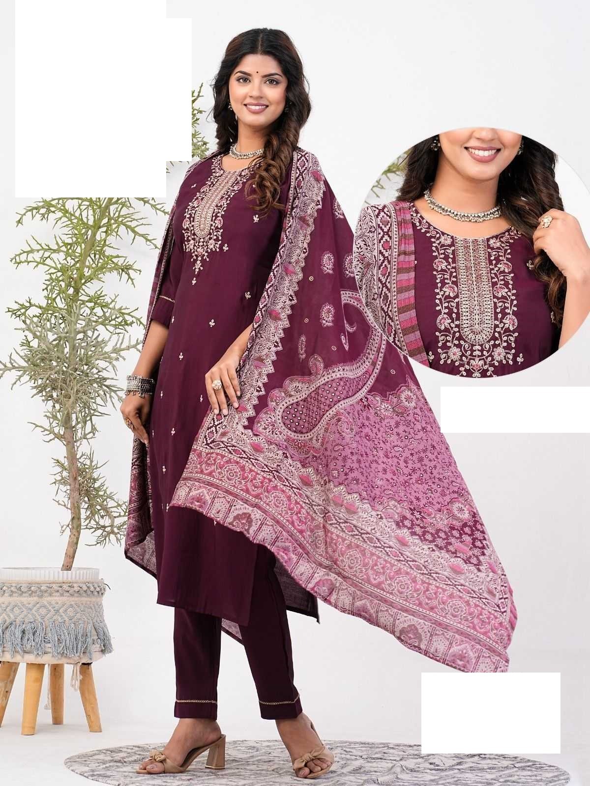 Wine Roman Silk Full Stitch Embroidery Plus Size Suits with Muslin Dupatta 03